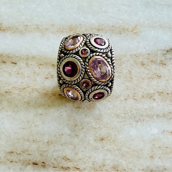 Multi gem Bali style Dome Ring 2.5 carats - Silver & 14kt yellow gold accent